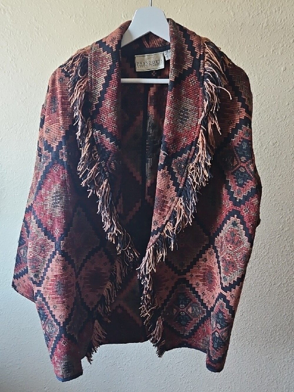 Vintage Passport Aztec Fringe Open-Front Jacket in Burgundy and Black